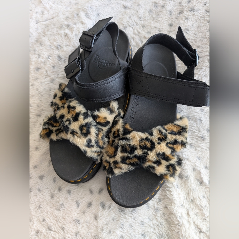 Dr. Marten Leopard Faux Fur Sandals